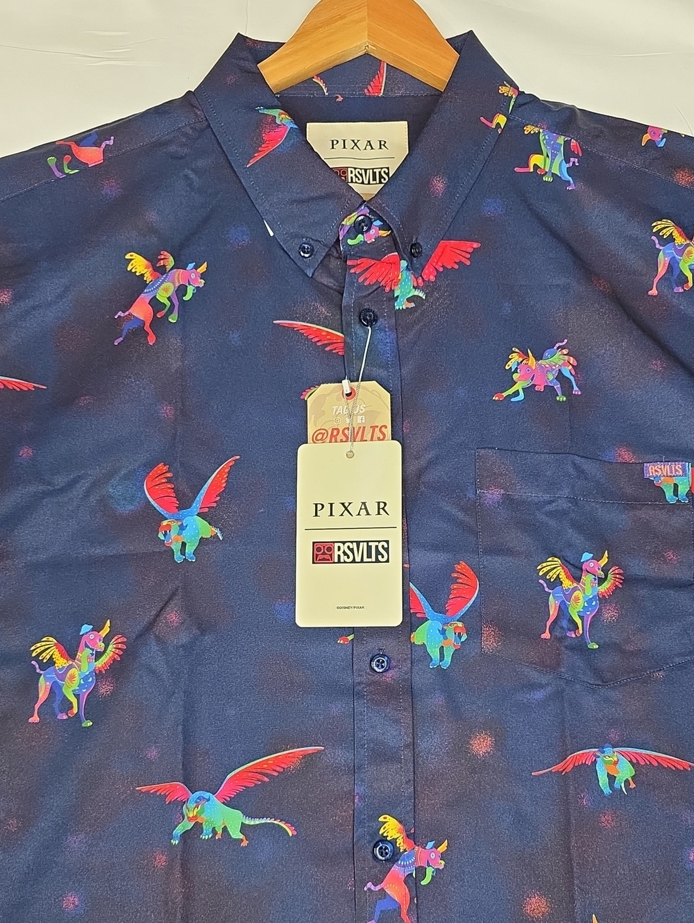 Men’s Navy Short-Sleeve Button-Up Shirt with Colorful Pegasus Print 2XL